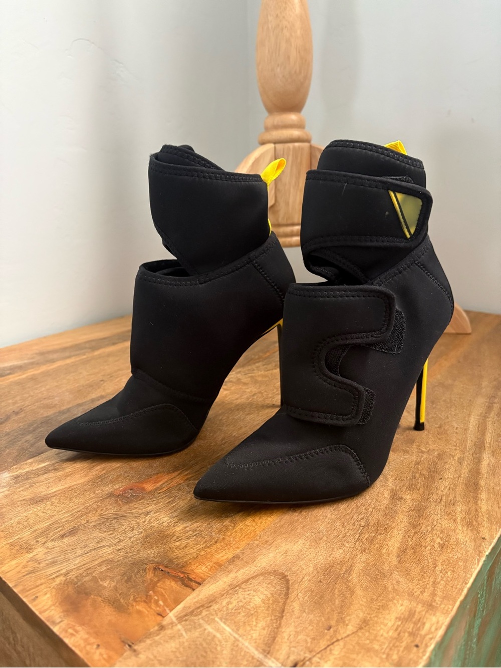 Steve Madden Black Pointed Stiletto Ankle Boots with Yellow Heel Accent
